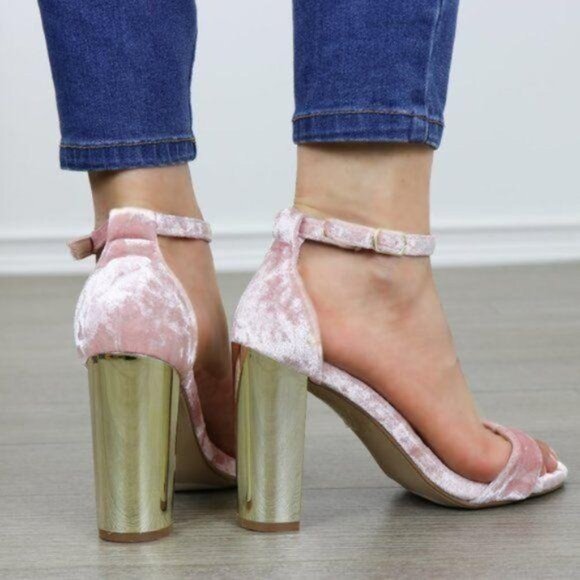 Party Pink Velvet Sandal with Gold Block - Picture 3 of 8